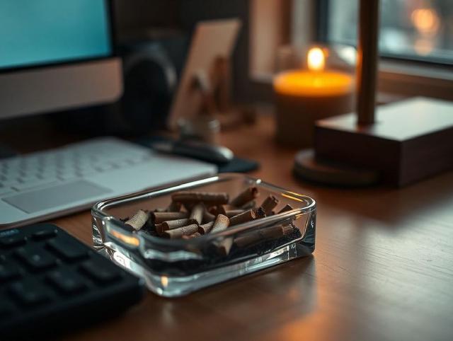 Full ashtray beside a desk after a long smoking day