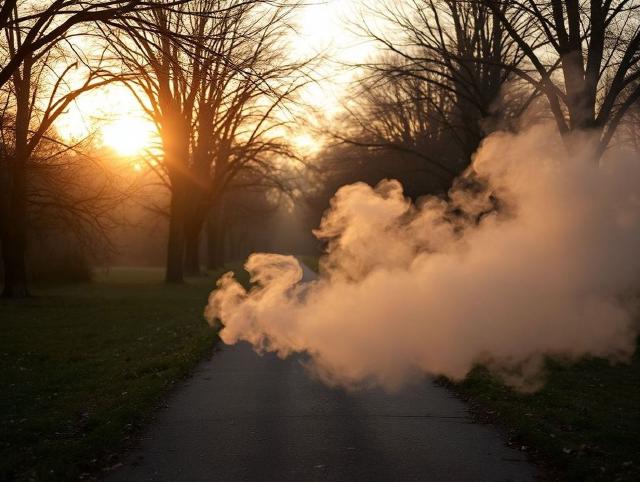 Smoke drifting across a park path on a windy afternoon