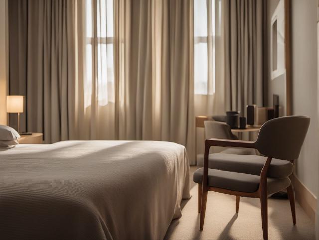 A traveler placing a small bag on a chair in a quiet hotel room at dusk