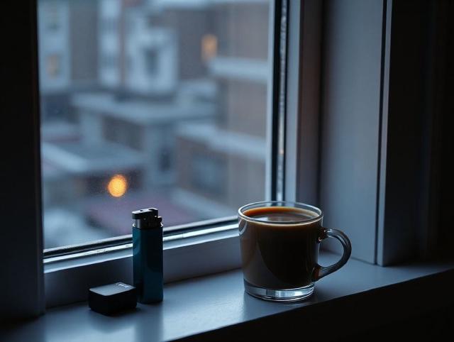 A lighter beside a cold coffee cup on an office windowsill