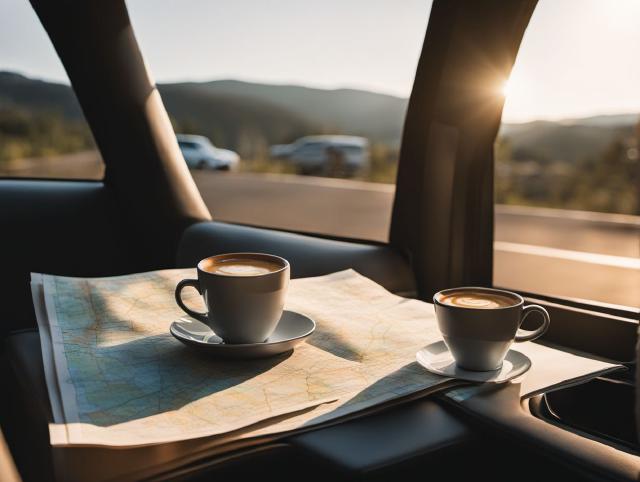 Kereta diparkir di tempat rehat sunyi dengan kopi dan peta di tempat duduk penumpang