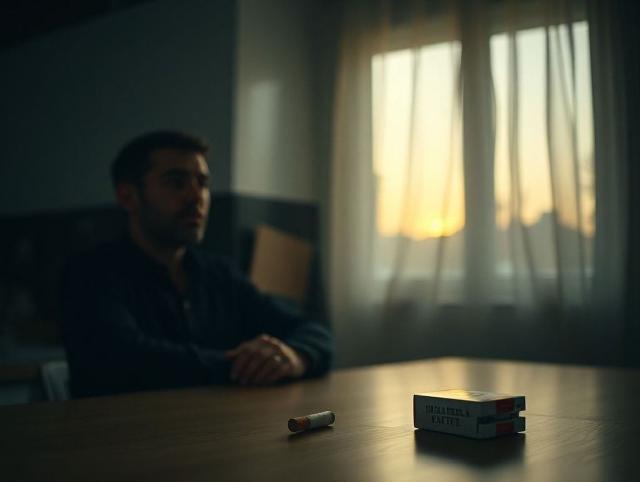 A man at a kitchen table beside a closed cigarette pack